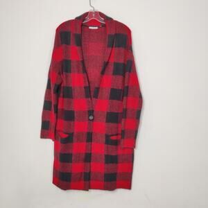 Dex Cozy Buffalo Plaid Longline Cardigan Coatigan Red Black Medium